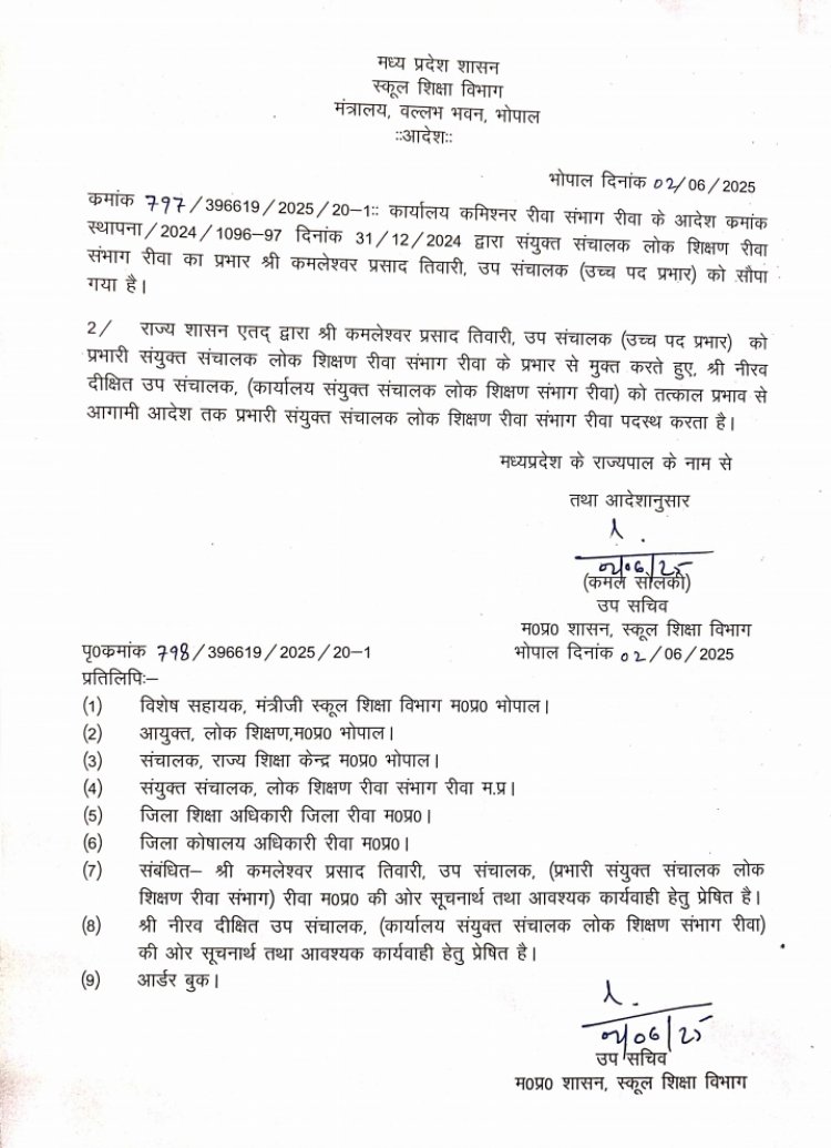 संयुक्त संचालक लोकशिक्षण रीवा की कुर्सी से हटे केपी, अब यह बने जेडी