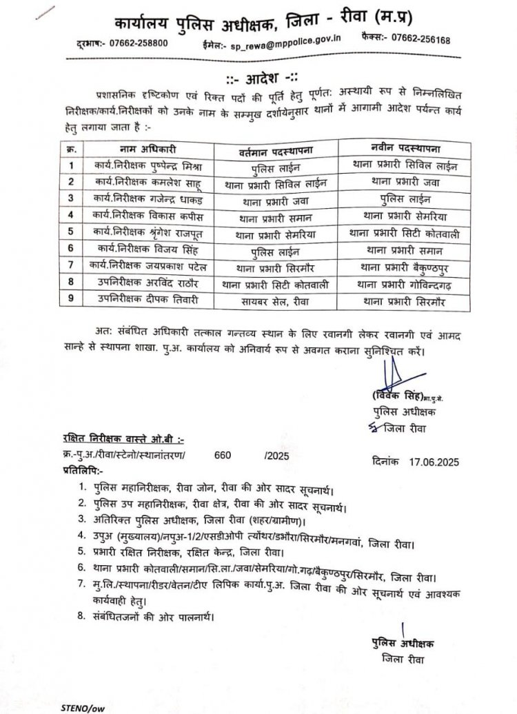 एसपी रीवा ने फिर मारा चौका, इस बार हिल गई कुर्सी, सीधे जवा गए कमलेश