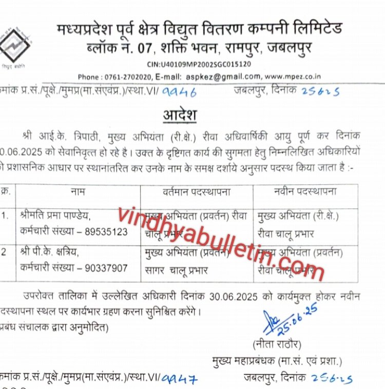 आईके त्रिपाठी के रिटायरमेंट के पहले ही रीवा को मिला नया मुख्य अभियंता, बढऩे वाली है शहर संभाग के डीई की मुश्किलें