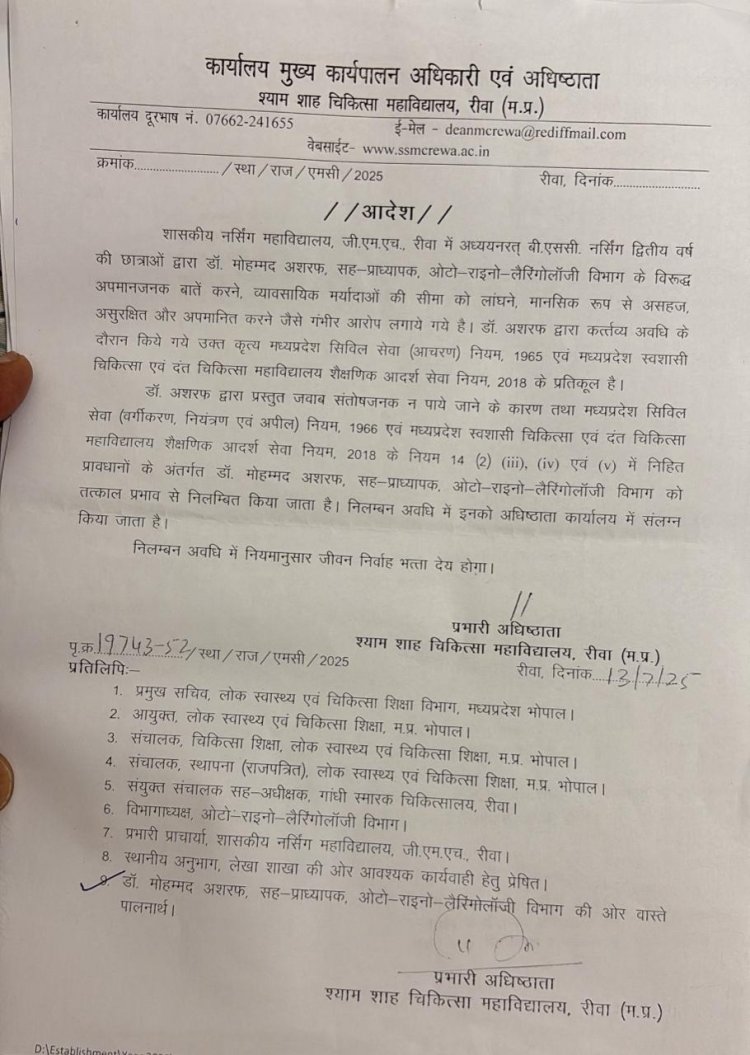 श्याम शाह मेडिकल कॉलेज में पहली बार हुआ ऐसा, जब एक डॉक्टर को मिली निलंबन की सजा